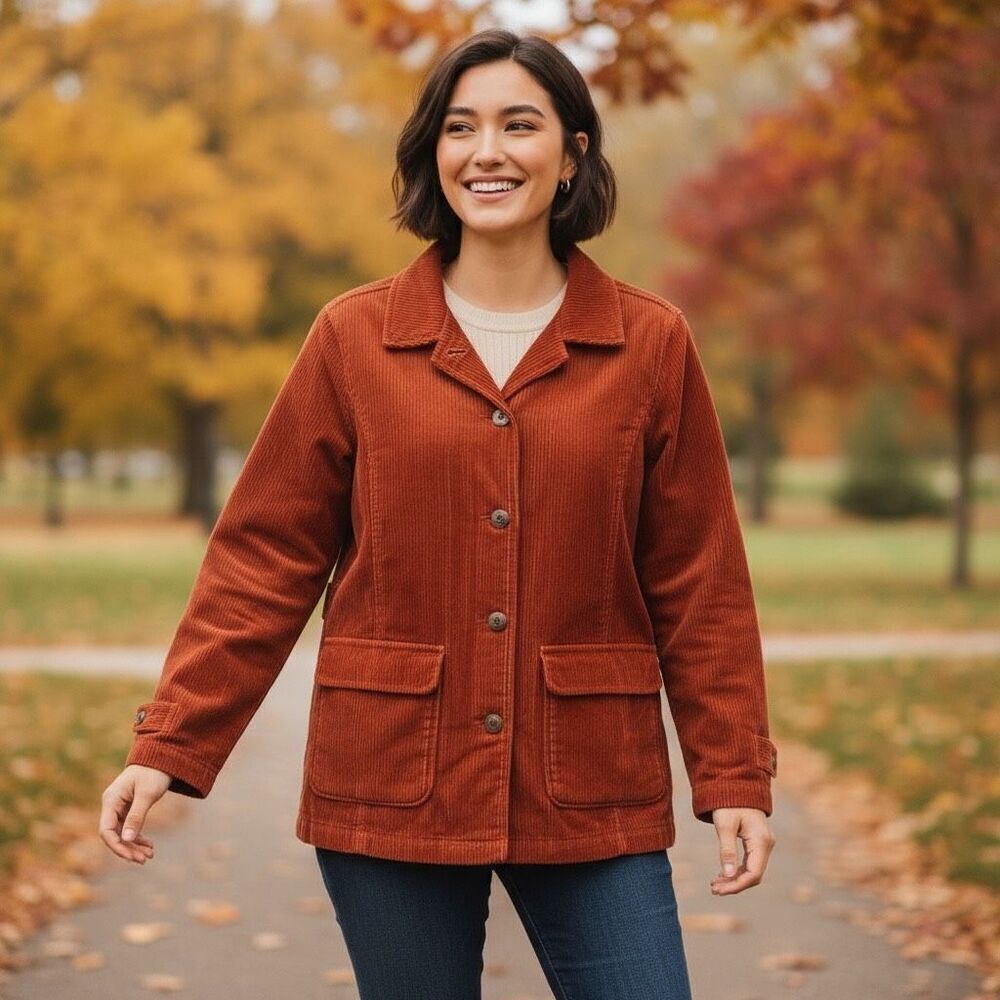 L.L. Bean Burnt Orange Corduroy Jacket With Detachable Quilted Liner Small‎